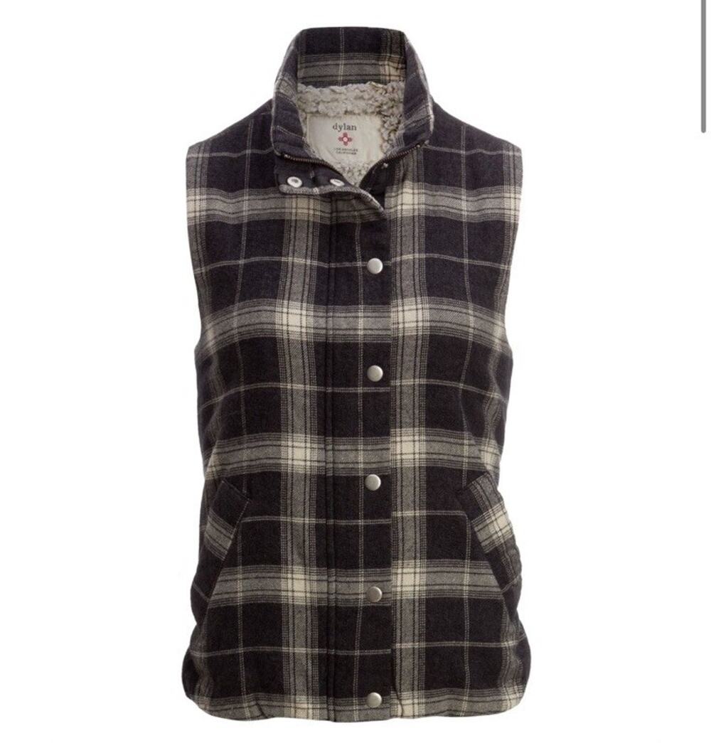 Dylan Los Angelas Plaid Sherpa Lined Puffer Vest Gray Linen Blend M Fall Cozy